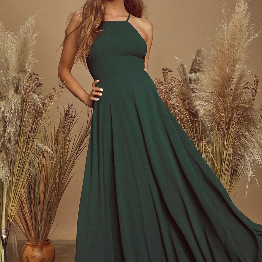Lulus Dark Green Maxi Dress Halter Neck Cross Back, Size S